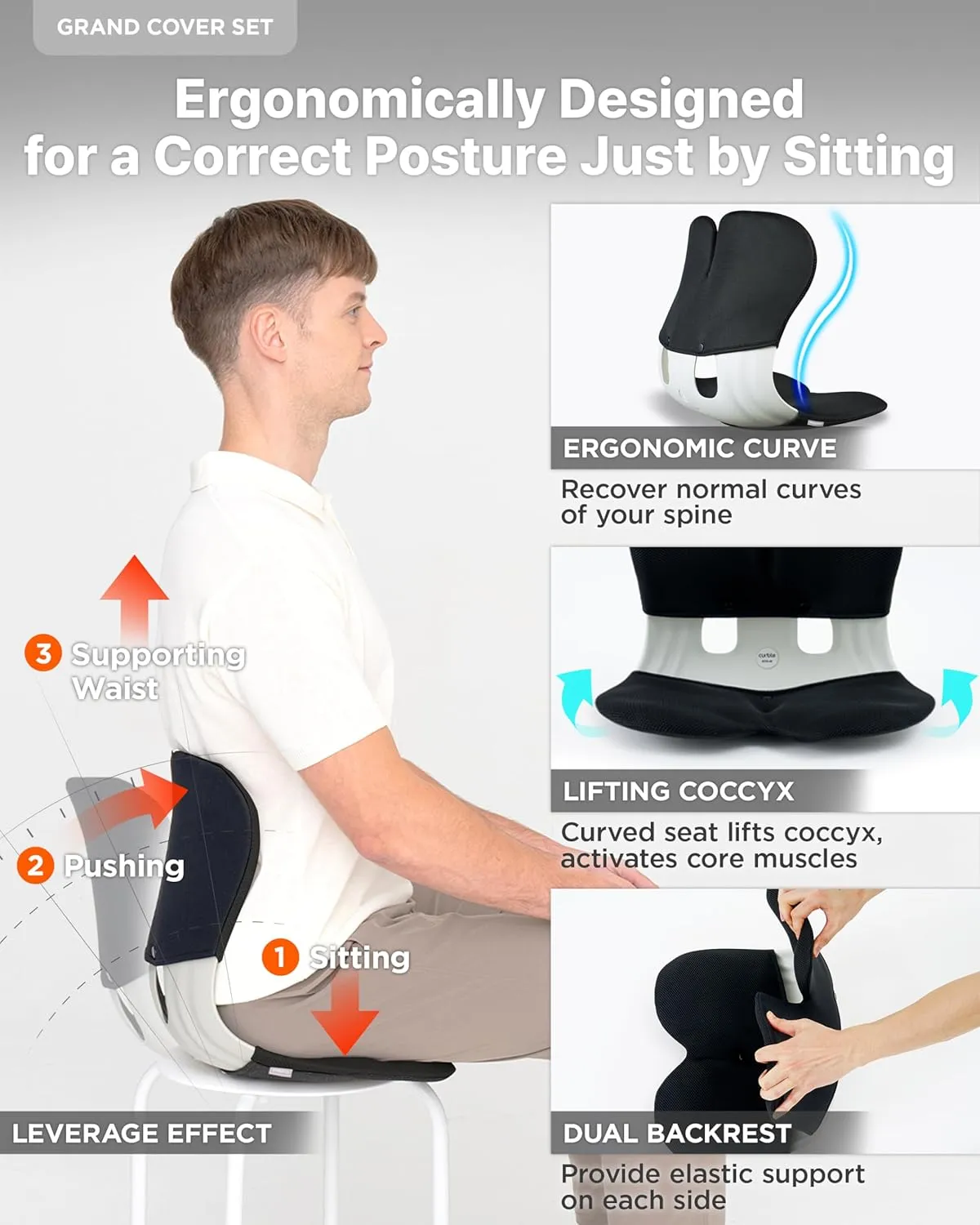 curble GRAND(Extra Wide&Sturdy) COVER SET – Ergonomic Back Support Chair with Detachable Cover, Lumbar Support for Posture Correction & Lower Back Pain Relief, Perfect for Home & Office(Set Black)