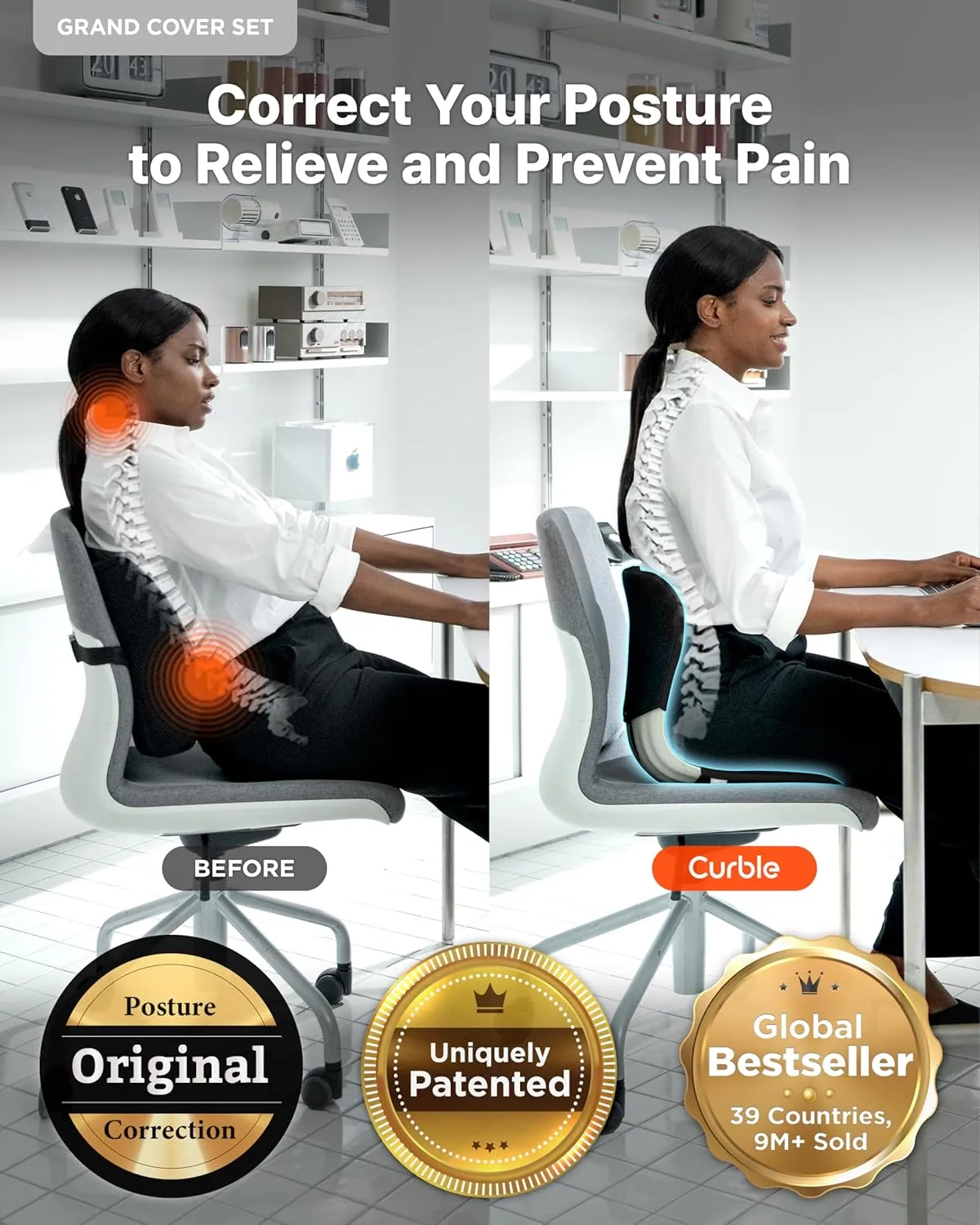 curble GRAND(Extra Wide&Sturdy) COVER SET – Ergonomic Back Support Chair with Detachable Cover, Lumbar Support for Posture Correction & Lower Back Pain Relief, Perfect for Home & Office(Set Black)