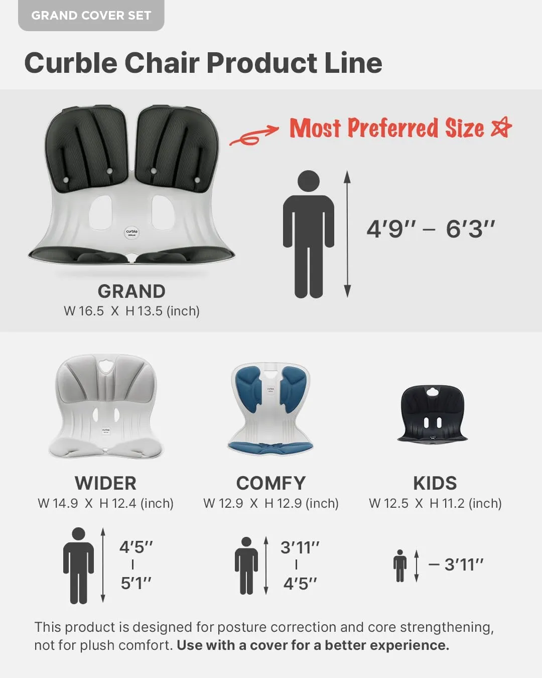 curble GRAND(Extra Wide&Sturdy) COVER SET – Ergonomic Back Support Chair with Detachable Cover, Lumbar Support for Posture Correction & Lower Back Pain Relief, Perfect for Home & Office(Set Black)