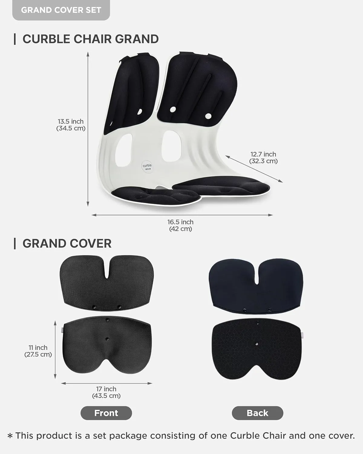 curble GRAND(Extra Wide&Sturdy) COVER SET – Ergonomic Back Support Chair with Detachable Cover, Lumbar Support for Posture Correction & Lower Back Pain Relief, Perfect for Home & Office(Set Black)