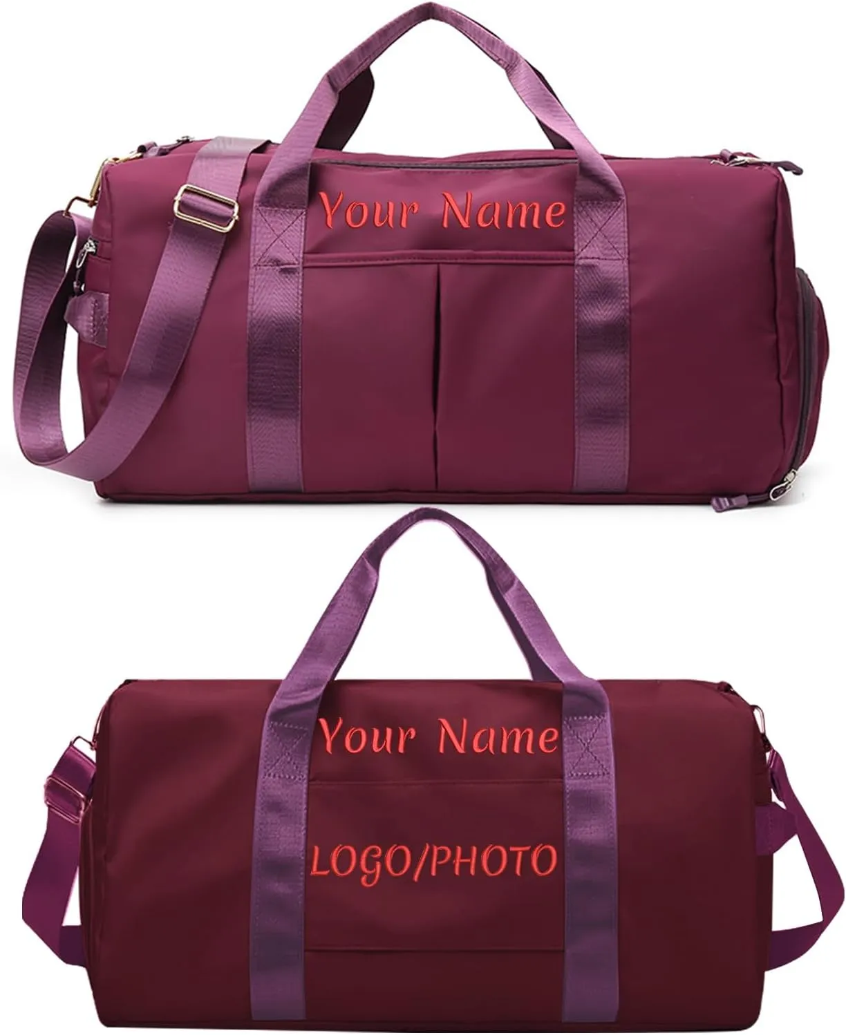 Custom Duffle Bag, Personalized Travel Bag Purely hand embroidered name logo, Gym Bag for Women/Men, with separate wet and dry pockets and shoe bags