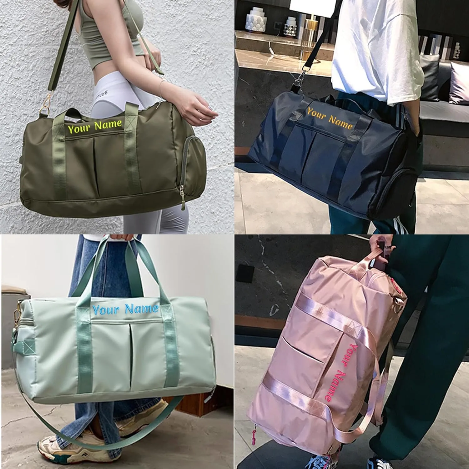 Custom Duffle Bag, Personalized Travel Bag Purely hand embroidered name logo, Gym Bag for Women/Men, with separate wet and dry pockets and shoe bags