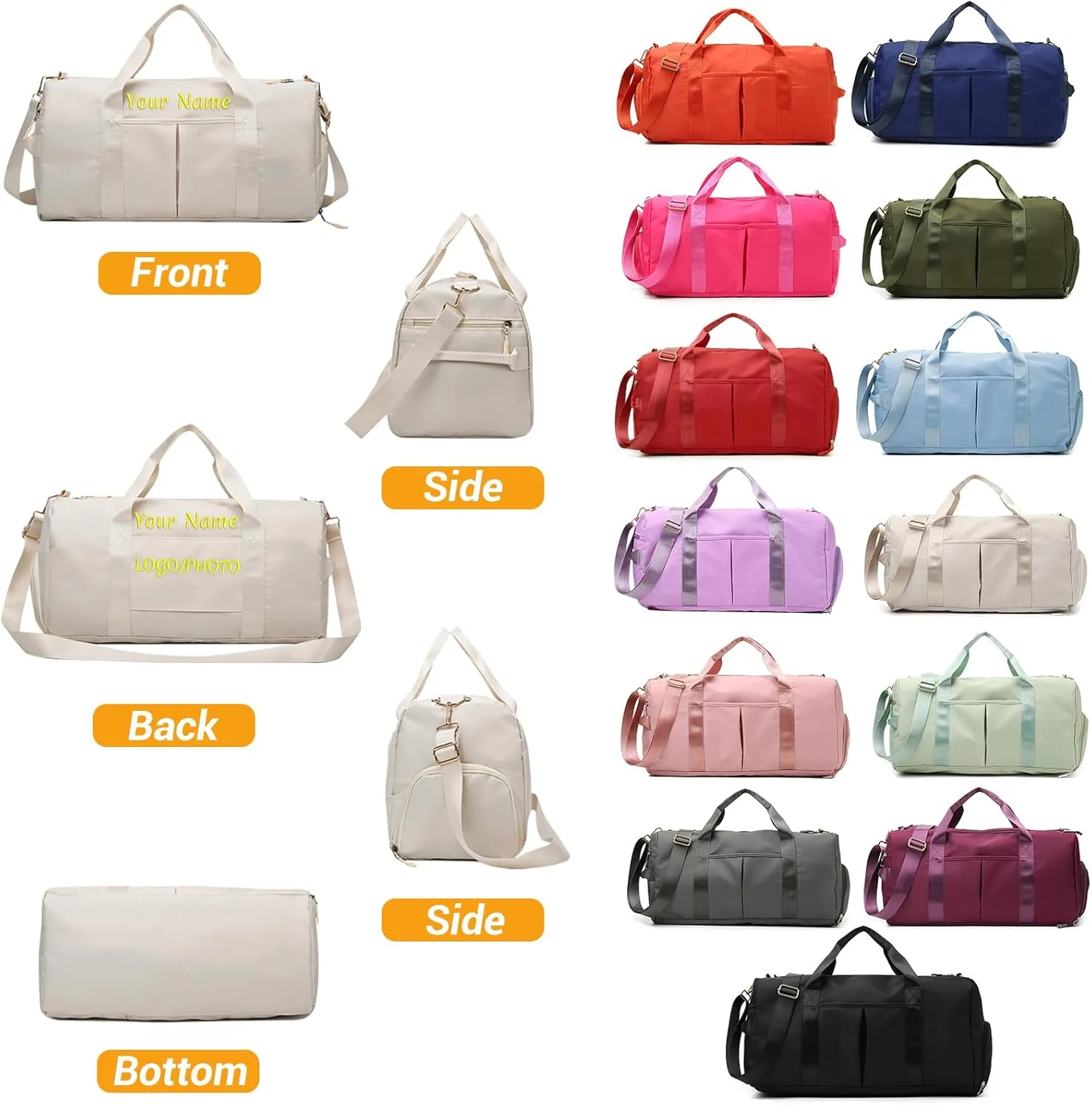 Custom Duffle Bag, Personalized Travel Bag Purely hand embroidered name logo, Gym Bag for Women/Men, with separate wet and dry pockets and shoe bags