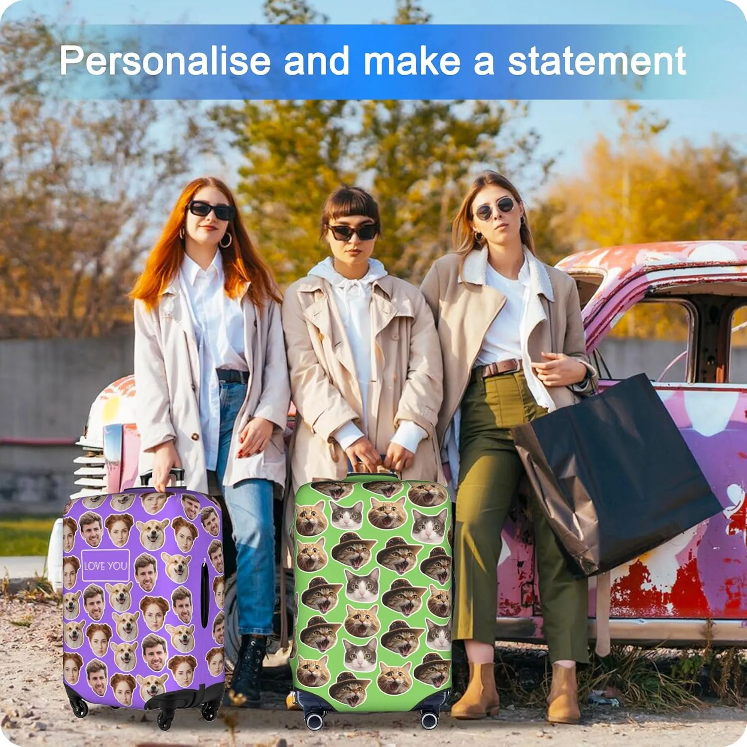 Custom Luggage Cover Personalized Suitcase Cover Add Your Name Photo Text Logo Double Sided Design Customized Elastic Protector Washable luggage cover protector for Travel（S-XL） (Avatar, M)