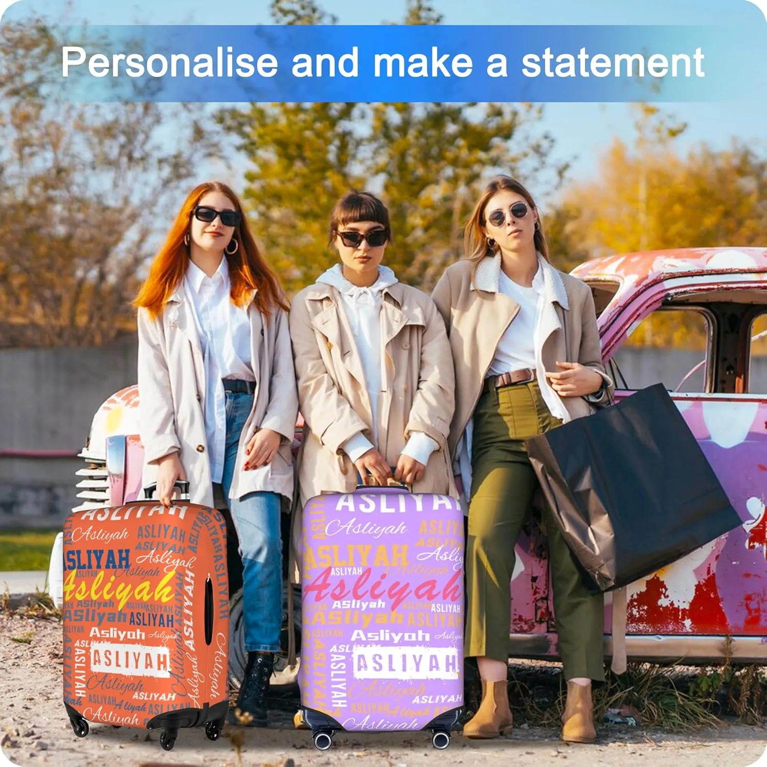 Custom Luggage Cover Personalized Suitcase Cover Add Your Name Photo Text Logo Double Sided Design Customized Elastic Protector Washable luggage cover protector for Travel（S-XL） (Name, XL)
