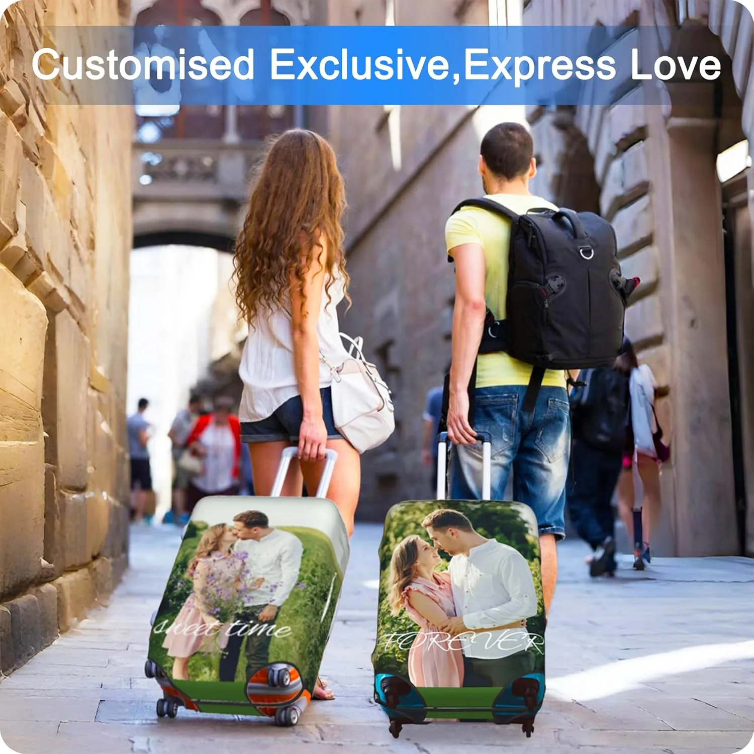 Custom Luggage Cover Personalized Suitcase Cover Add Your Name Photo Text Logo Double Sided Design Customized Elastic Protector Washable luggage cover protector for Travel（S-XL） (White, XL)