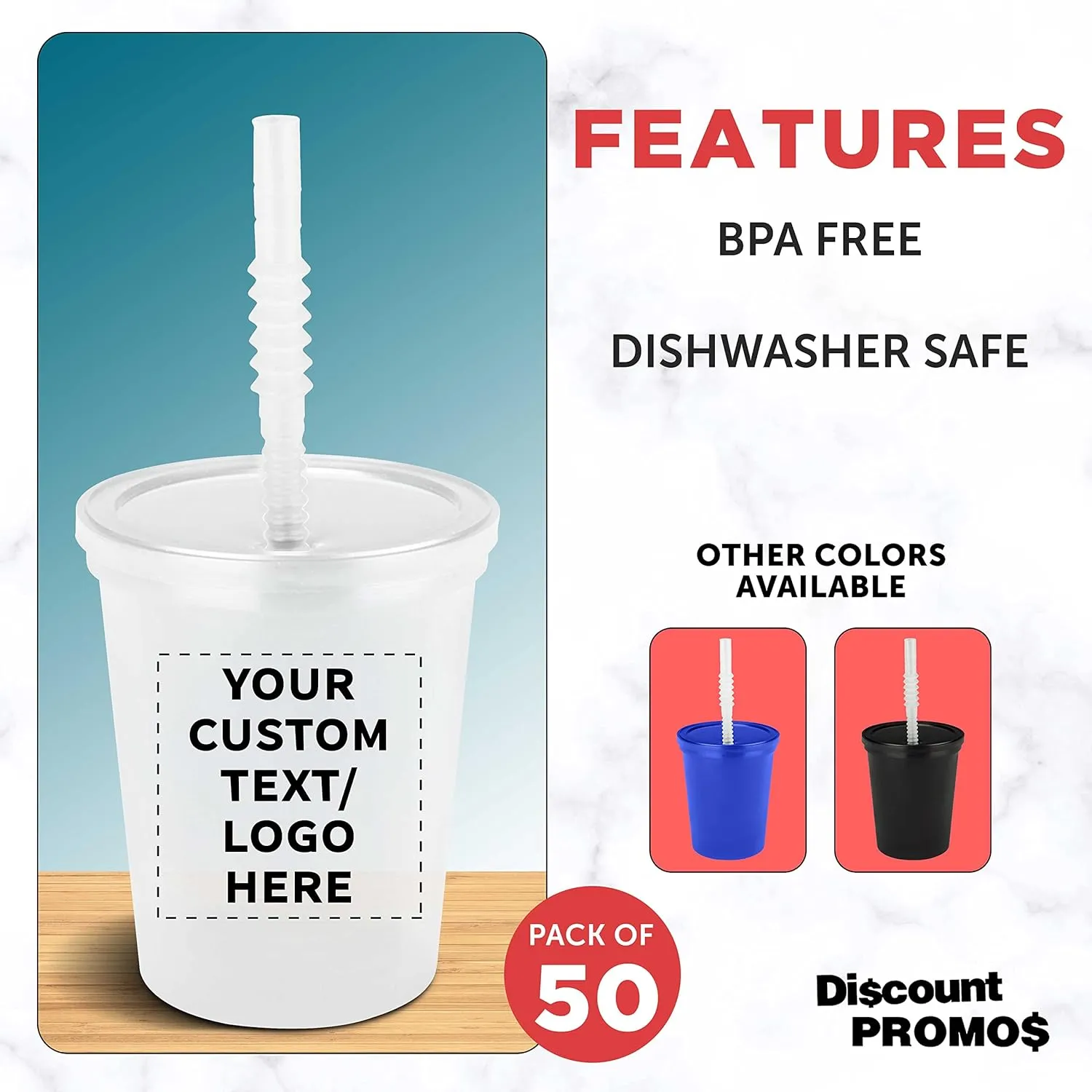 Custom Plastic Cups with Lid and Straw 16 oz. Set of 50, Personalized Bulk Pack - Perfect for Summer, Sporting Events, Birthdays, Weddings, Picnic, Beach, Parties - Clear