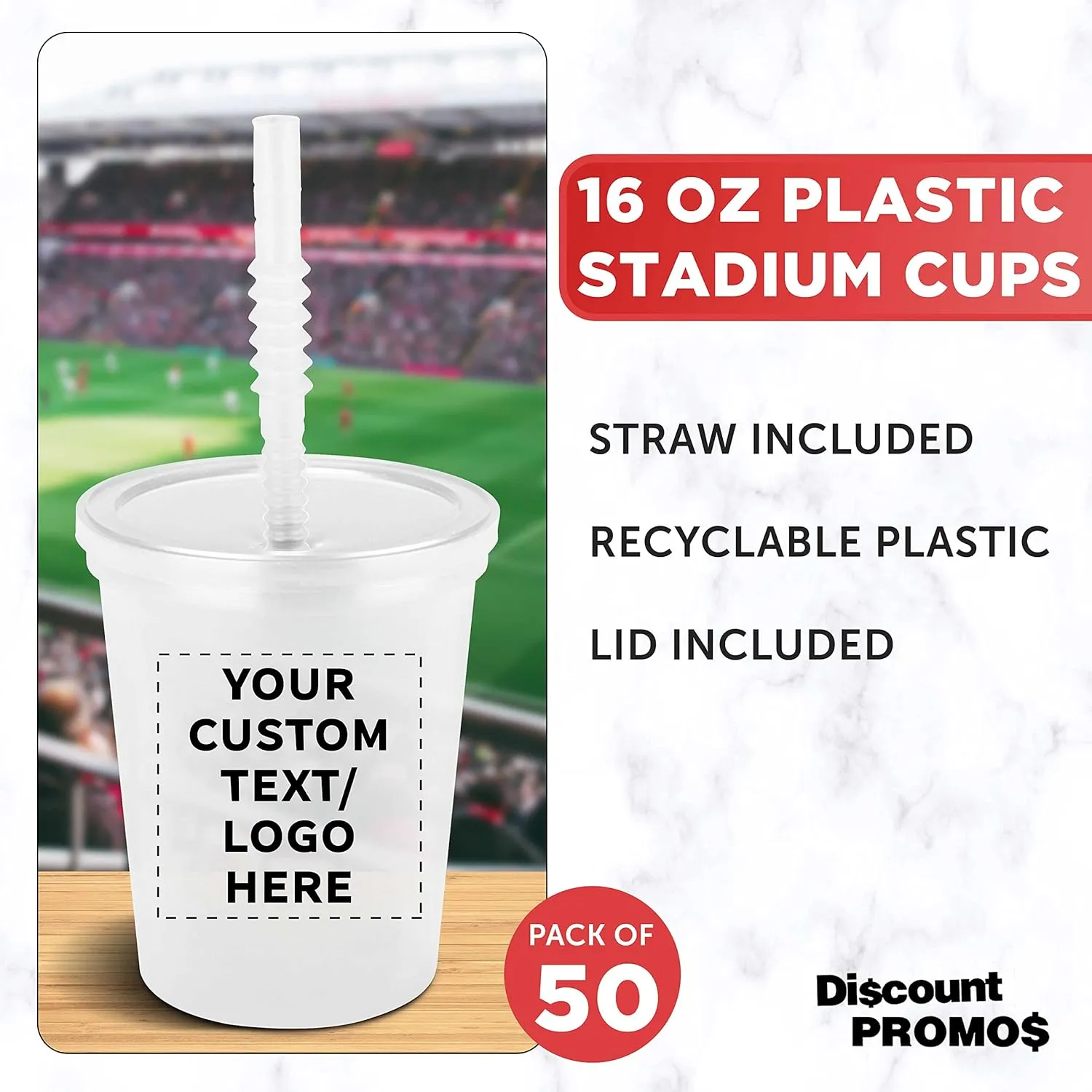Custom Plastic Cups with Lid and Straw 16 oz. Set of 50, Personalized Bulk Pack - Perfect for Summer, Sporting Events, Birthdays, Weddings, Picnic, Beach, Parties - Clear