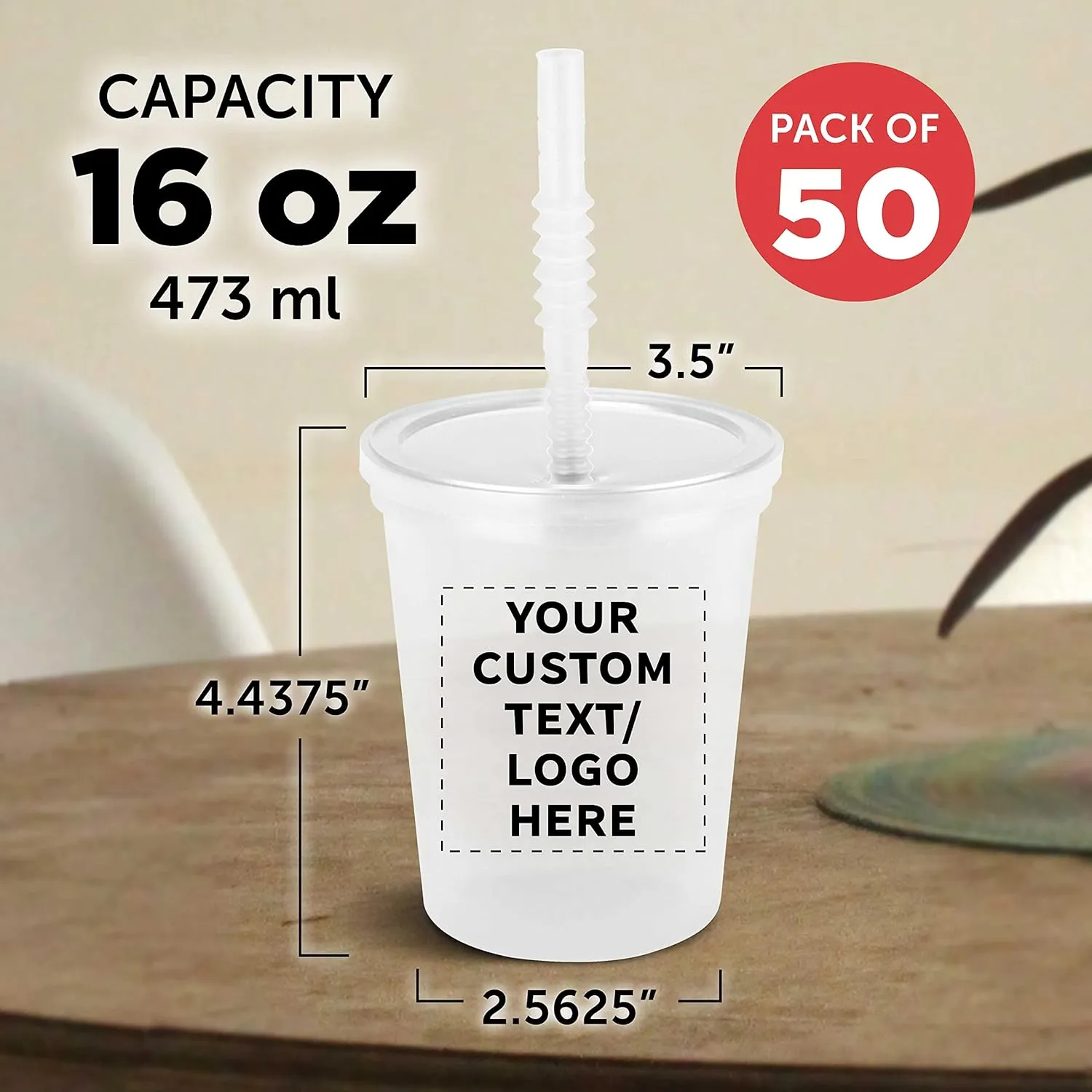 Custom Plastic Cups with Lid and Straw 16 oz. Set of 50, Personalized Bulk Pack - Perfect for Summer, Sporting Events, Birthdays, Weddings, Picnic, Beach, Parties - Clear