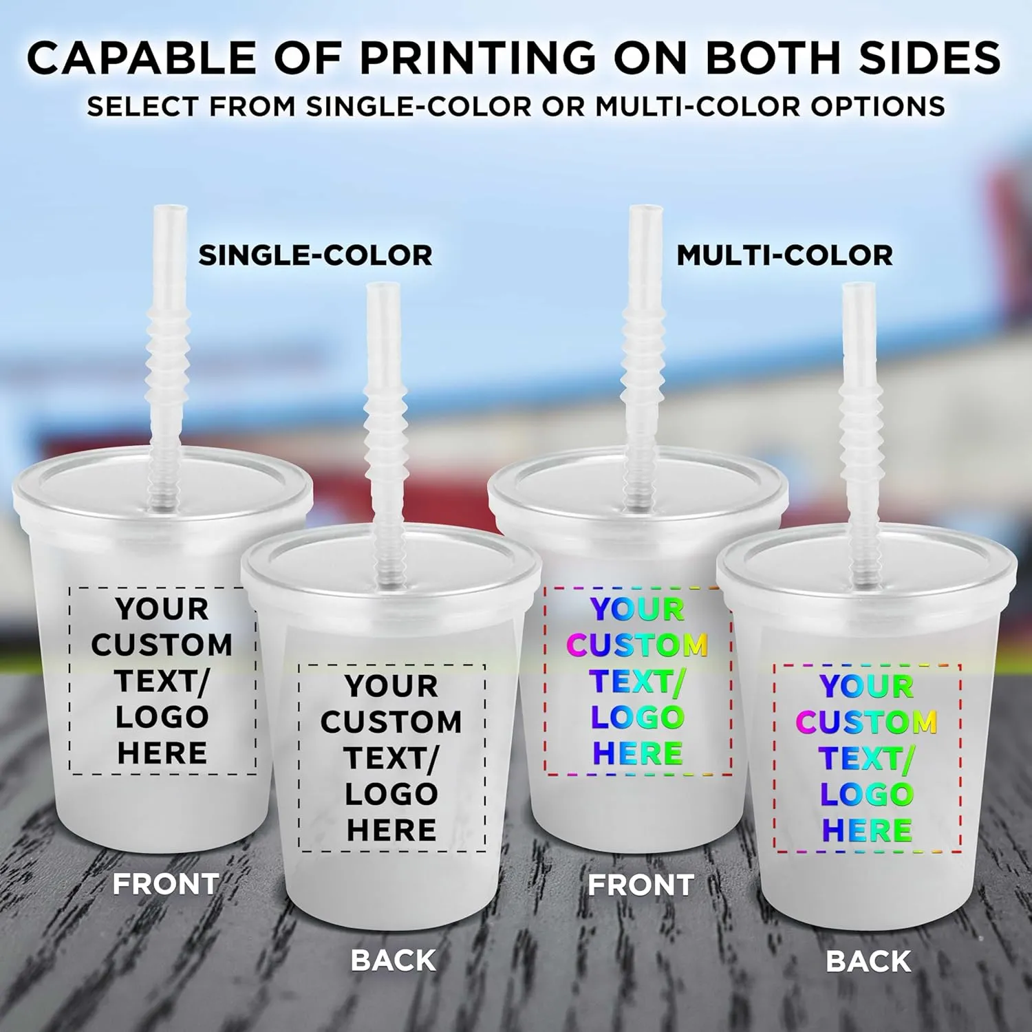 Custom Plastic Cups with Lid and Straw 16 oz. Set of 50, Personalized Bulk Pack - Perfect for Summer, Sporting Events, Birthdays, Weddings, Picnic, Beach, Parties - Clear
