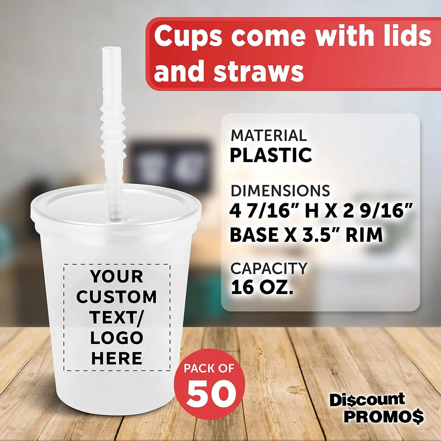 Custom Plastic Cups with Lid and Straw 16 oz. Set of 50, Personalized Bulk Pack - Perfect for Summer, Sporting Events, Birthdays, Weddings, Picnic, Beach, Parties - Clear