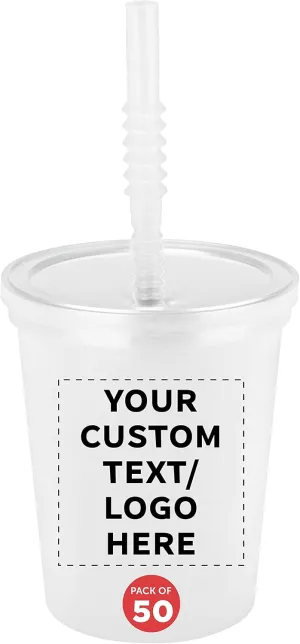 Custom Plastic Cups with Lid and Straw 16 oz. Set of 50, Personalized Bulk Pack - Perfect for Summer, Sporting Events, Birthdays, Weddings, Picnic, Beach, Parties - Clear