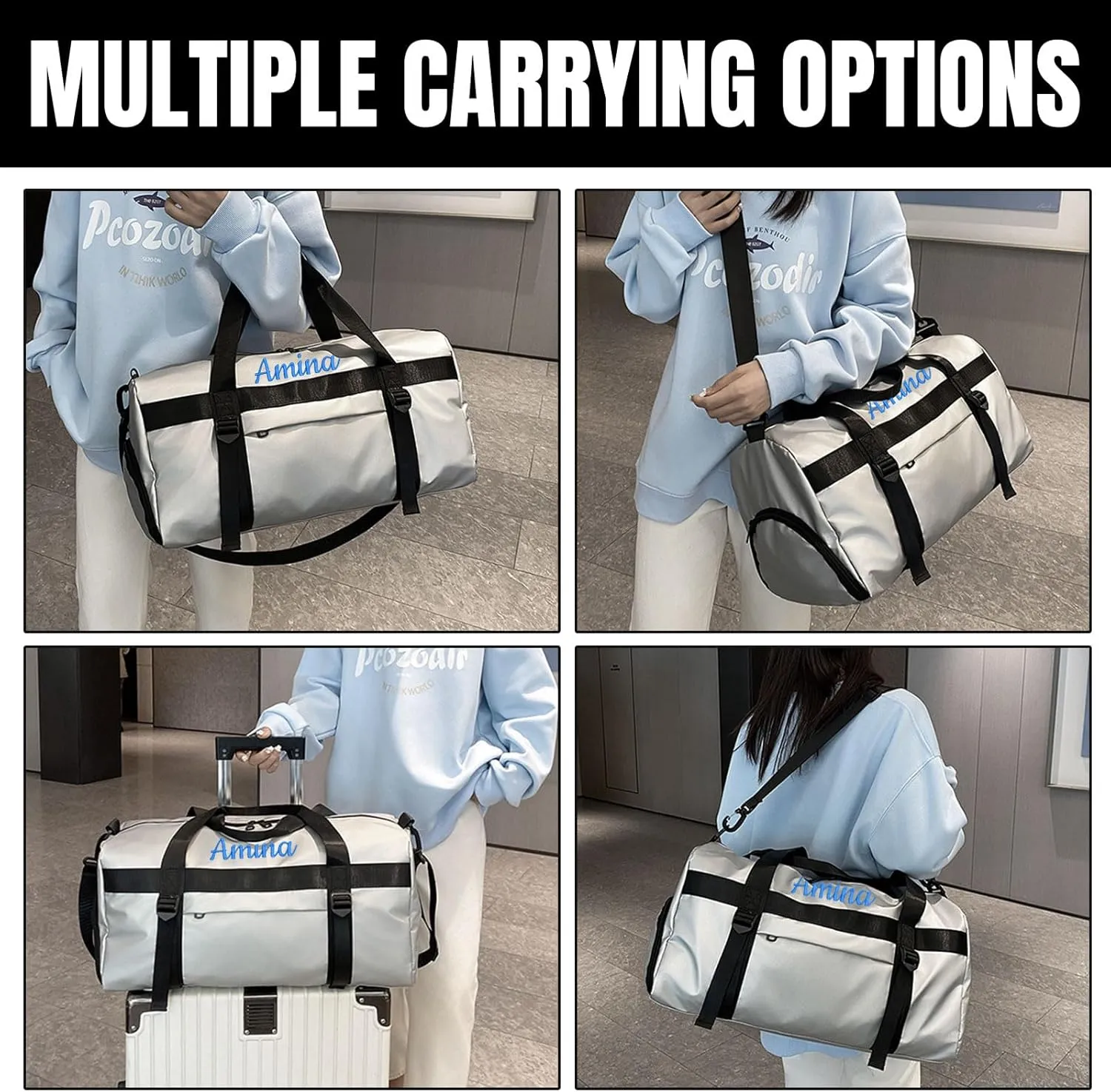 Customized Embroidered Text Fitness Duffel Bag, Personalized Waterproof Travel Duffel Bag with Shoe Compartment and Wet and Dry Separation, Suitable for Overnight, Fitness, Travel