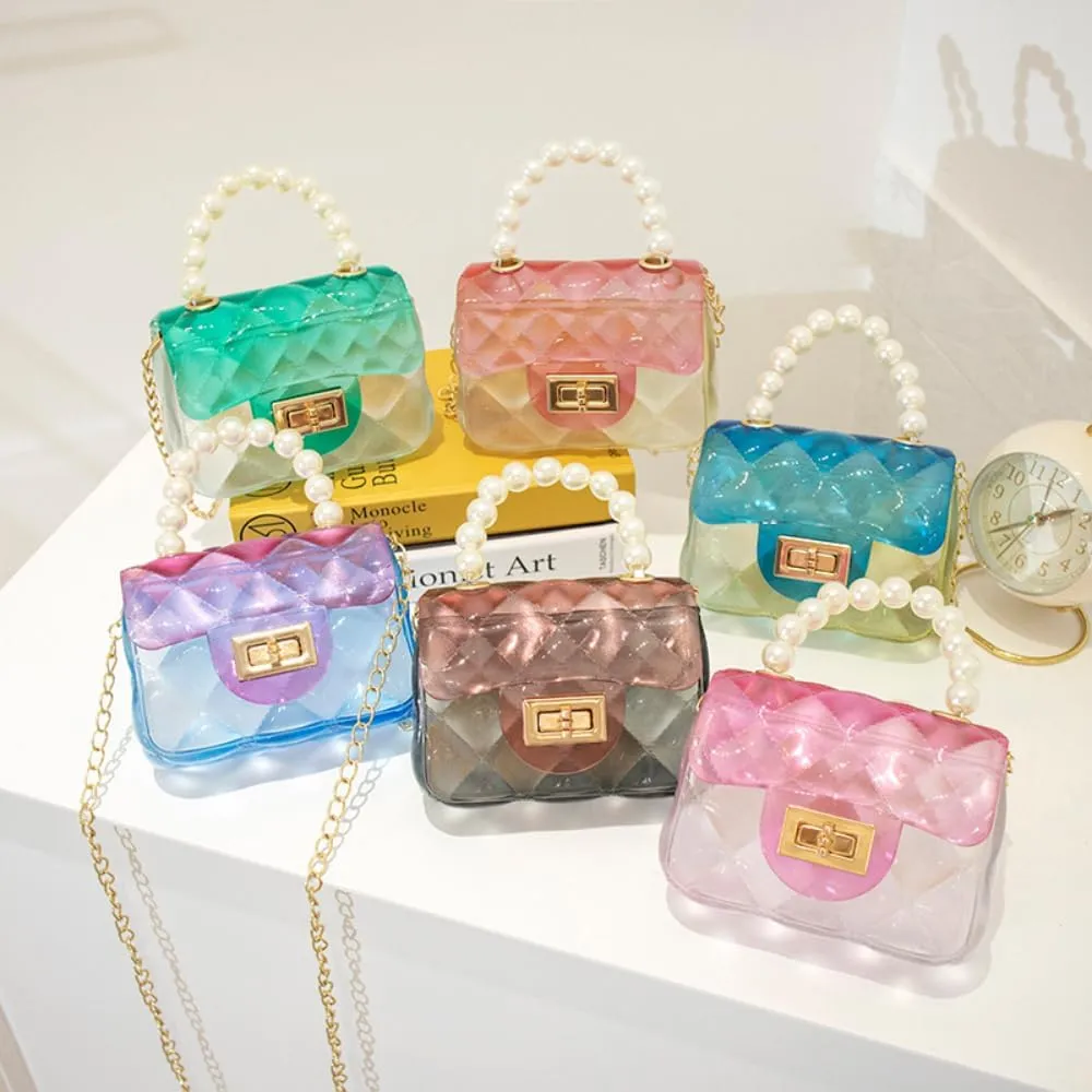 Cute Candy Color Jelly Handbag Crossbody Shoulder Bag Handle Bags Mini Transparent Crossbody with Golden Chain (Black)