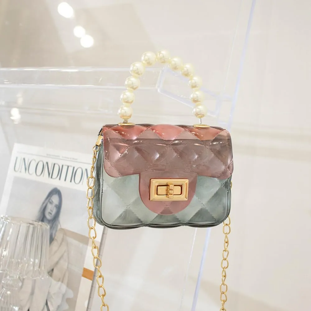 Cute Candy Color Jelly Handbag Crossbody Shoulder Bag Handle Bags Mini Transparent Crossbody with Golden Chain (Black)