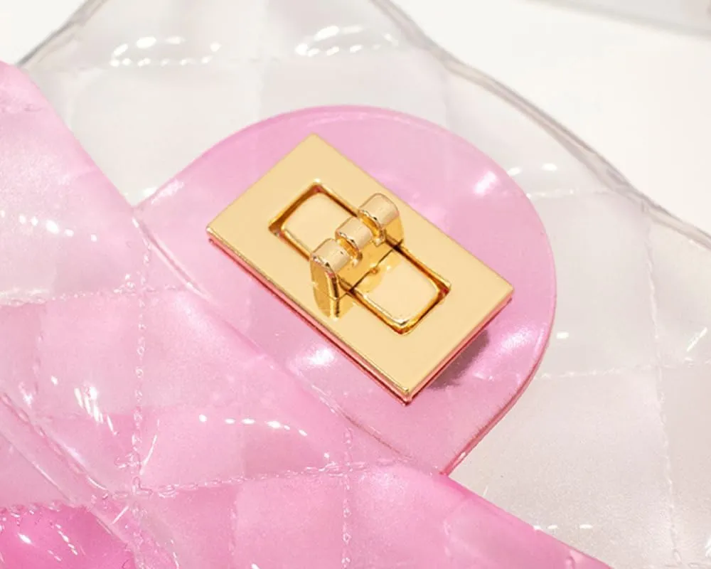 Cute Candy Color Jelly Handbag Crossbody Shoulder Bag Handle Bags Mini Transparent Crossbody with Golden Chain (Black)