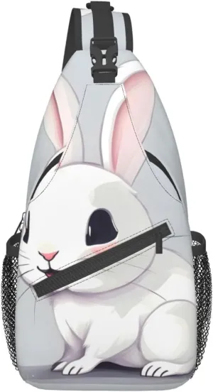 Cute White Rabbit Print Sling Backpack, Sling Bag, Crossbody Chest Bag Daypack, for Hiking Travel
