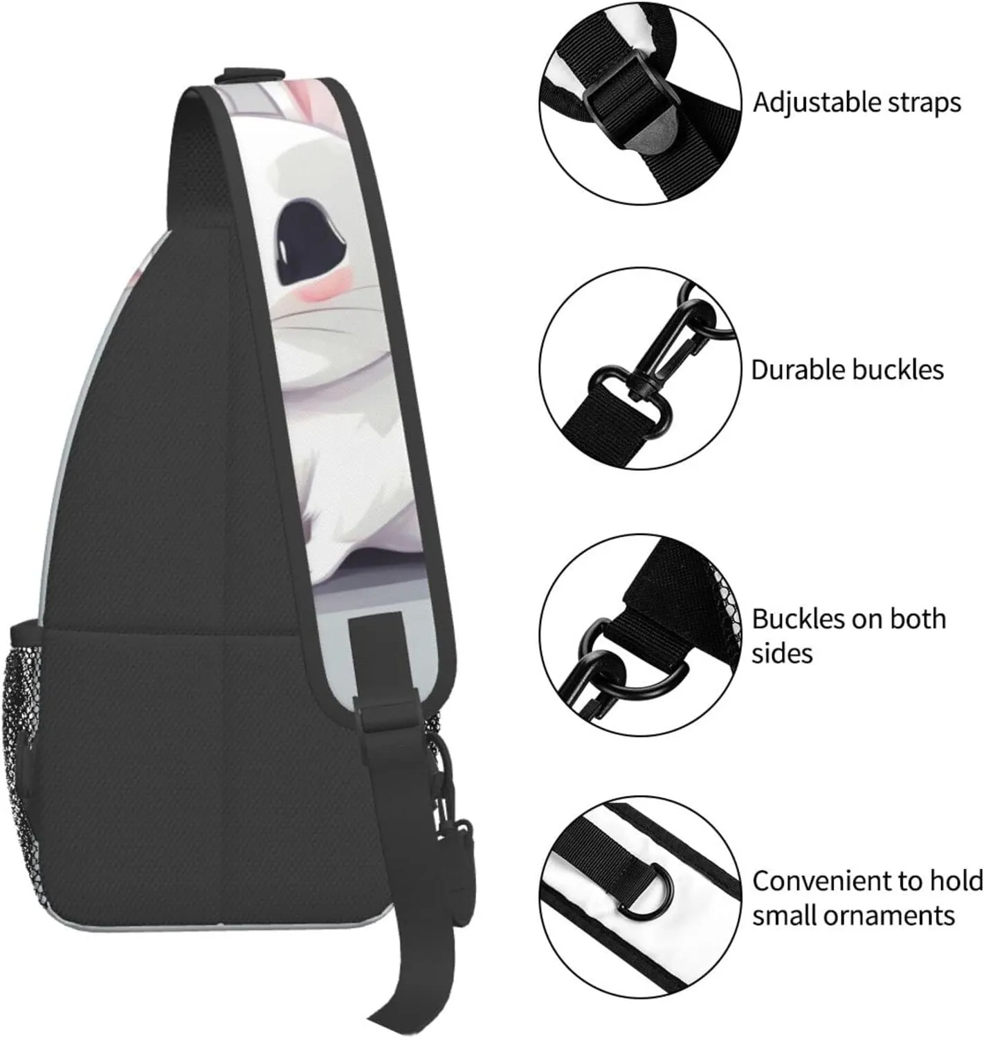 Cute White Rabbit Print Sling Backpack, Sling Bag, Crossbody Chest Bag Daypack, for Hiking Travel