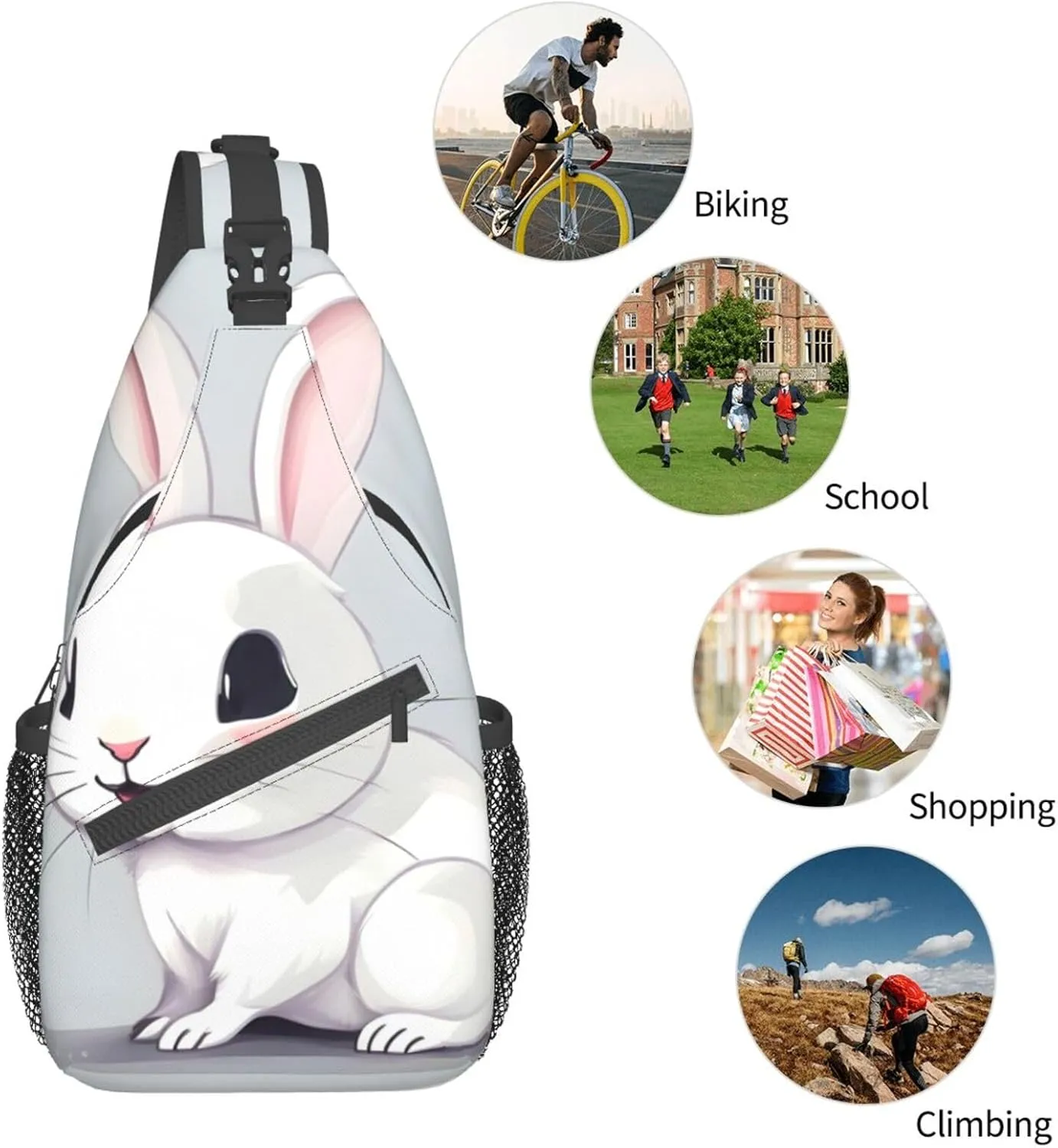 Cute White Rabbit Print Sling Backpack, Sling Bag, Crossbody Chest Bag Daypack, for Hiking Travel