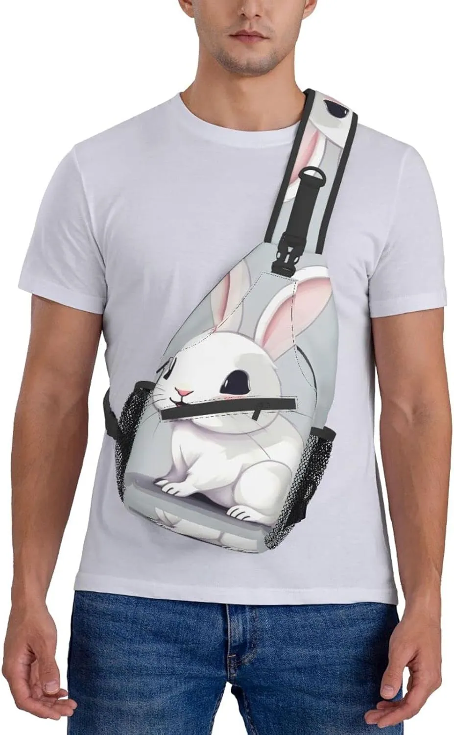 Cute White Rabbit Print Sling Backpack, Sling Bag, Crossbody Chest Bag Daypack, for Hiking Travel