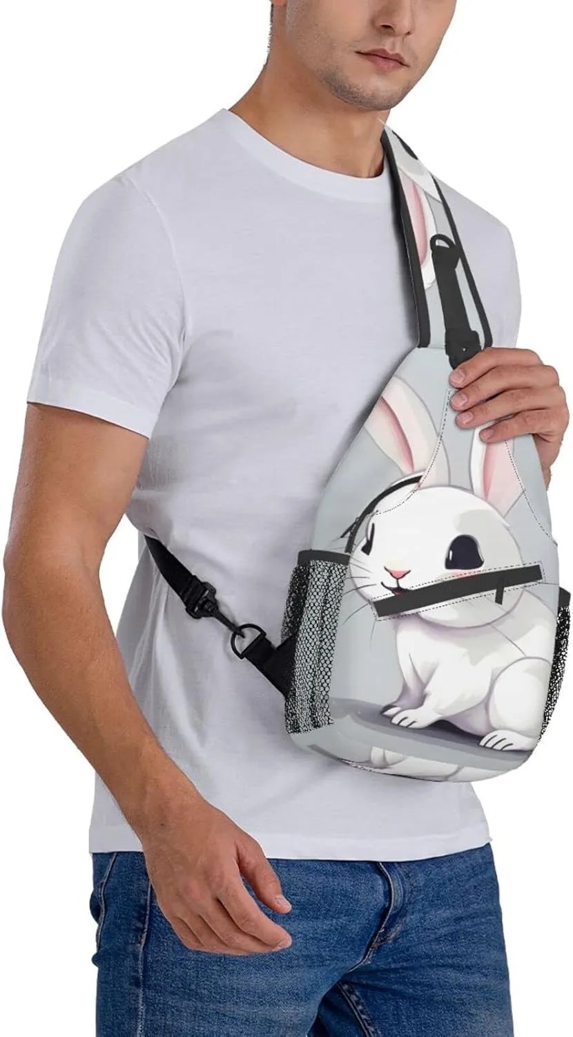 Cute White Rabbit Print Sling Backpack, Sling Bag, Crossbody Chest Bag Daypack, for Hiking Travel