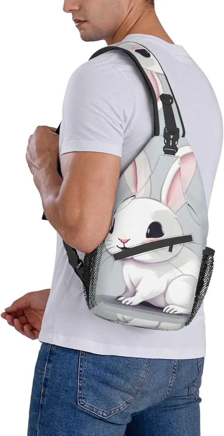 Cute White Rabbit Print Sling Backpack, Sling Bag, Crossbody Chest Bag Daypack, for Hiking Travel