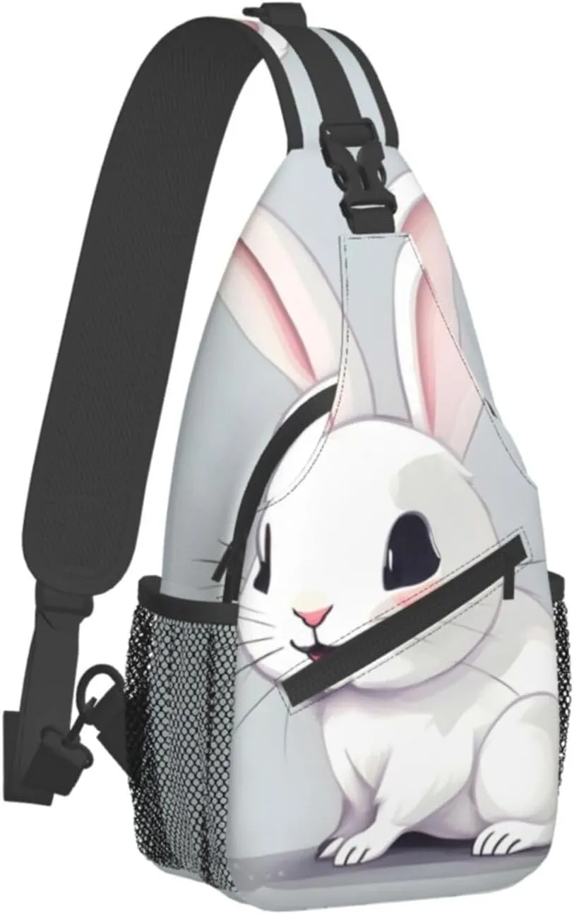 Cute White Rabbit Print Sling Backpack, Sling Bag, Crossbody Chest Bag Daypack, for Hiking Travel
