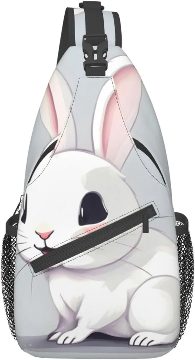 Cute White Rabbit Print Sling Backpack, Sling Bag, Crossbody Chest Bag Daypack, for Hiking Travel