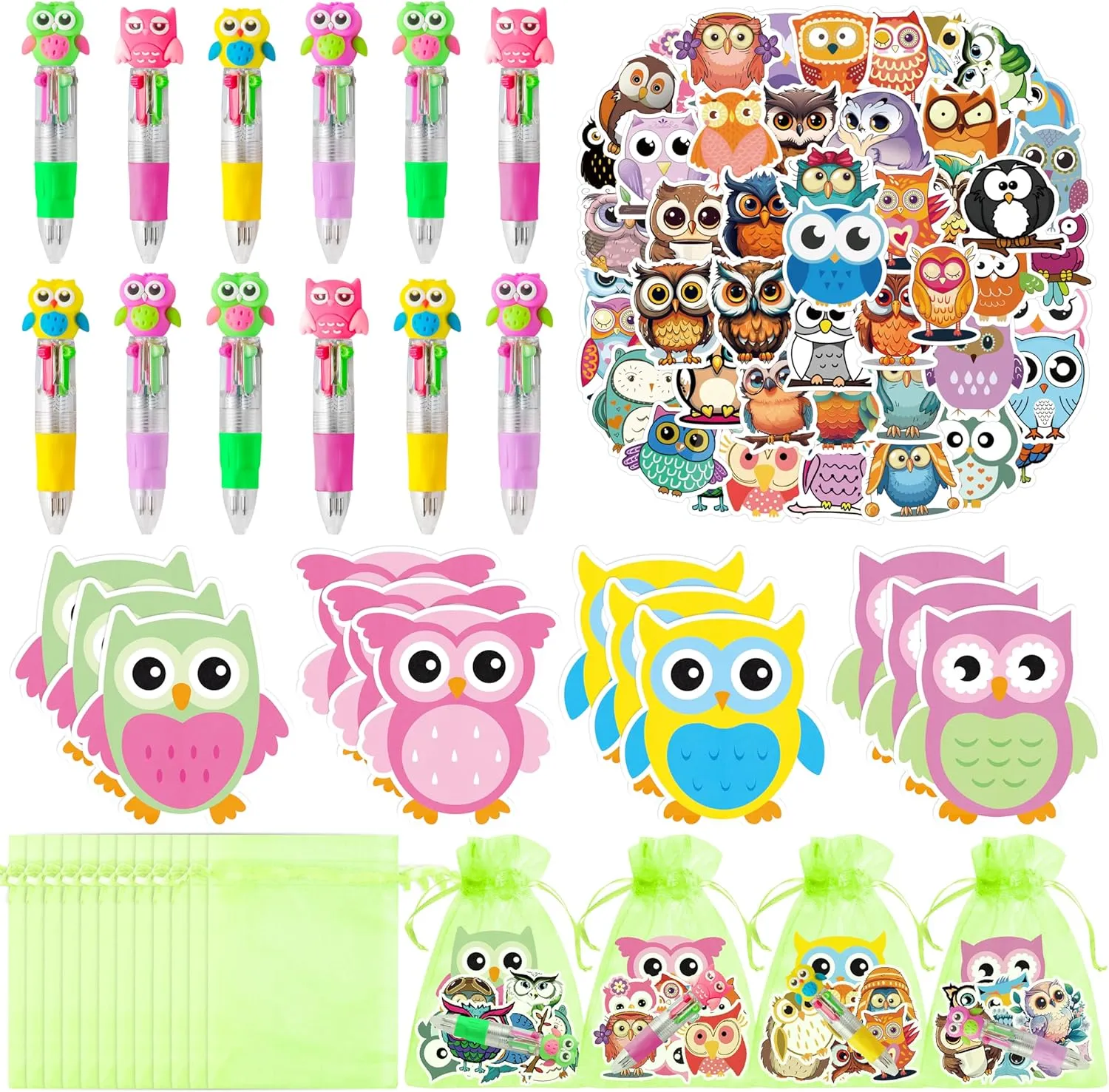 CY2SIDE Owl Stationery Party Gift - 12 Pack Fun Animal Prizes Set Include 4-in-1 Ballpoint Pen Sticky Note Sticker and Organza for Kids, Owl Theme Party Favors Goodie Bag Fillers for School Rewards