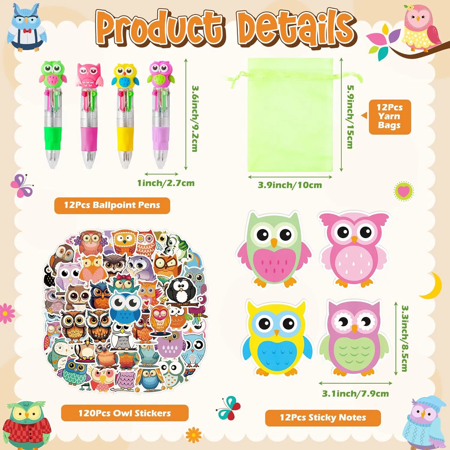 CY2SIDE Owl Stationery Party Gift - 12 Pack Fun Animal Prizes Set Include 4-in-1 Ballpoint Pen Sticky Note Sticker and Organza for Kids, Owl Theme Party Favors Goodie Bag Fillers for School Rewards