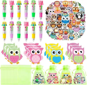 CY2SIDE Owl Stationery Party Gift - 12 Pack Fun Animal Prizes Set Include 4-in-1 Ballpoint Pen Sticky Note Sticker and Organza for Kids, Owl Theme Party Favors Goodie Bag Fillers for School Rewards
