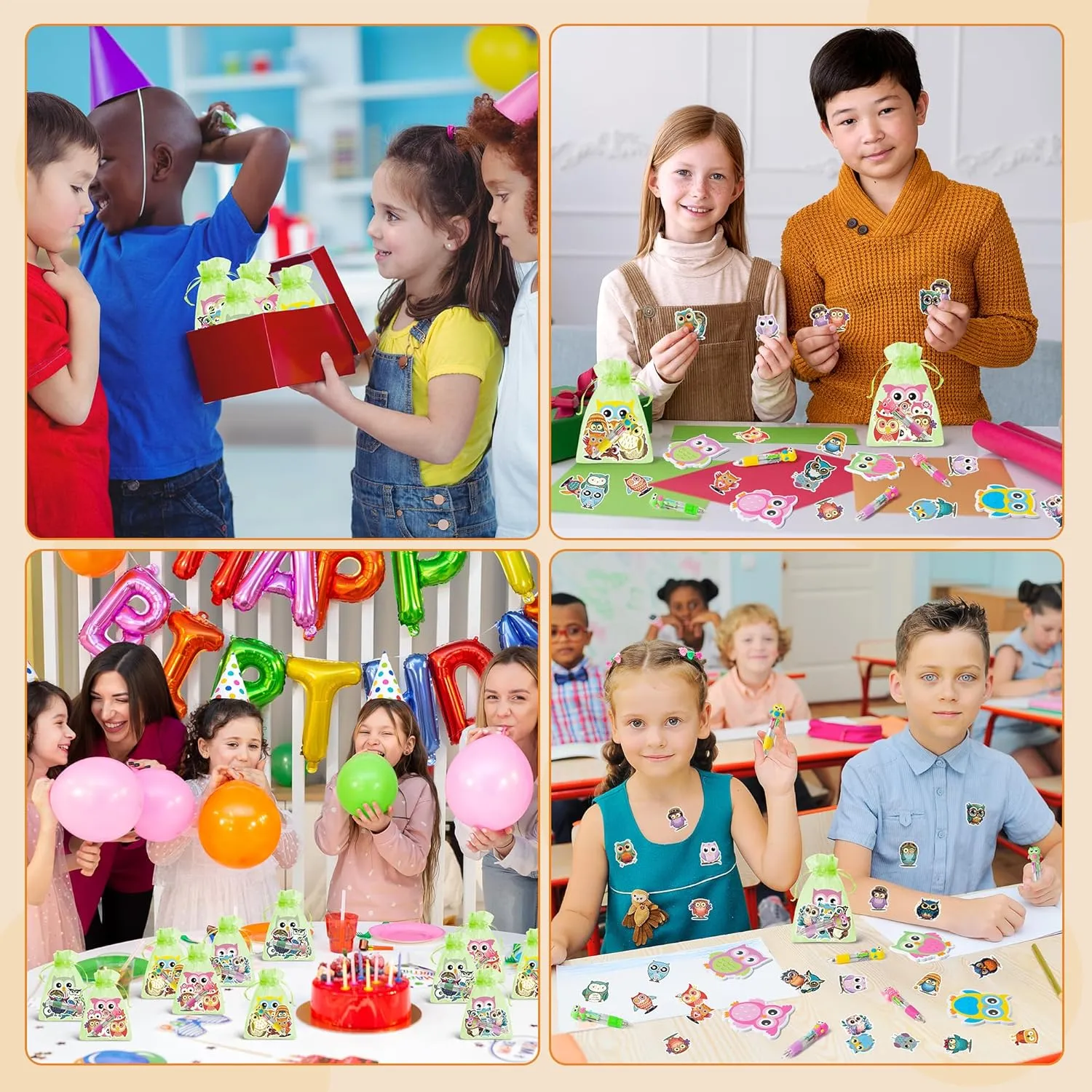 CY2SIDE Owl Stationery Party Gift - 12 Pack Fun Animal Prizes Set Include 4-in-1 Ballpoint Pen Sticky Note Sticker and Organza for Kids, Owl Theme Party Favors Goodie Bag Fillers for School Rewards