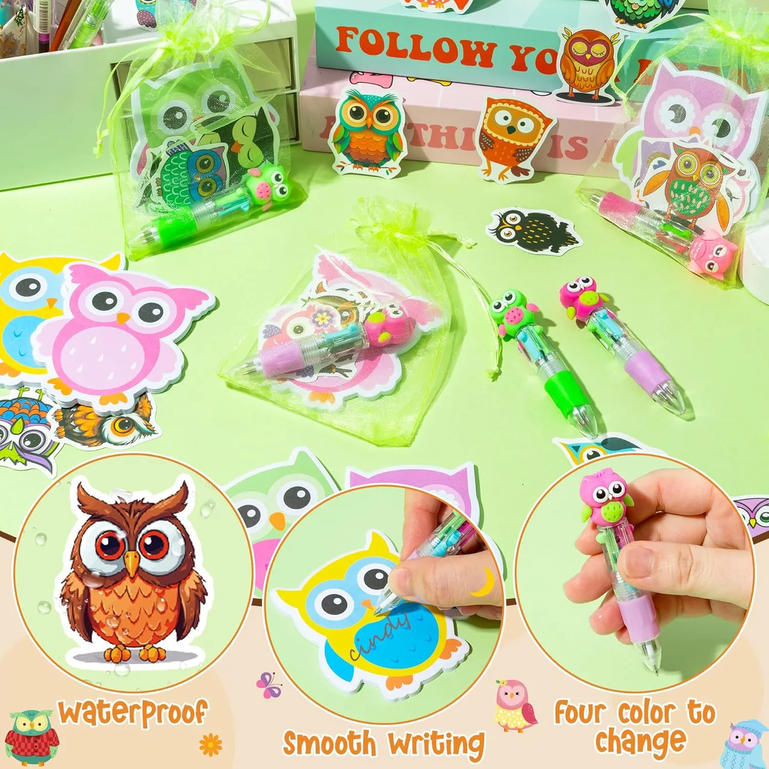 CY2SIDE Owl Stationery Party Gift - 12 Pack Fun Animal Prizes Set Include 4-in-1 Ballpoint Pen Sticky Note Sticker and Organza for Kids, Owl Theme Party Favors Goodie Bag Fillers for School Rewards