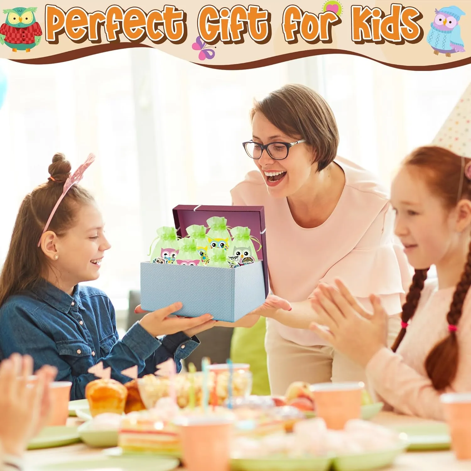 CY2SIDE Owl Stationery Party Gift - 12 Pack Fun Animal Prizes Set Include 4-in-1 Ballpoint Pen Sticky Note Sticker and Organza for Kids, Owl Theme Party Favors Goodie Bag Fillers for School Rewards