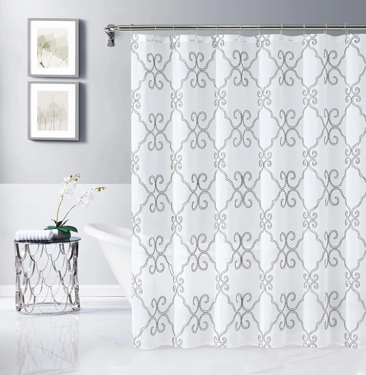 Dainty Home Bathroom 3D Lea Scroll Linen Look Bath Shower Curtain 70" x 72" Water Resistant Polyester Blend Fabric Shower Curtain Washable Perfect Cloth Shower Curtain Decor for Stylish Bathrooms
