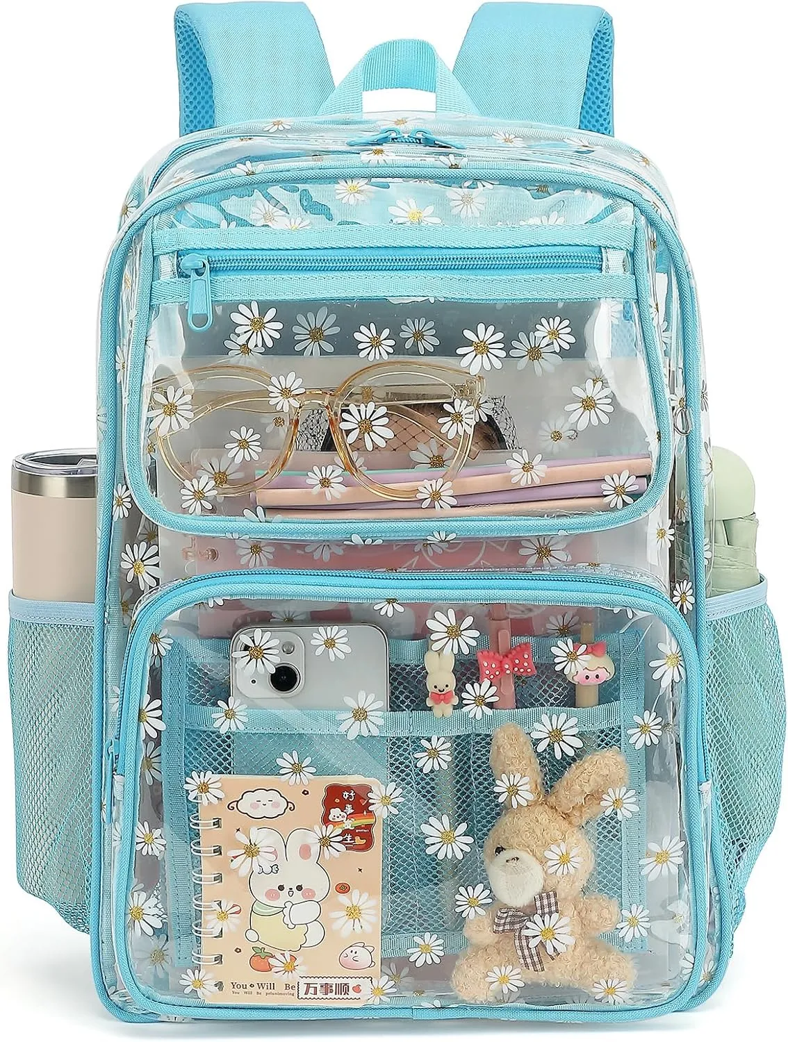 Daisy Clear Backpack for Girls Women, Heavy Duty Transparent School Backpack See Through Bookbag (Blue)