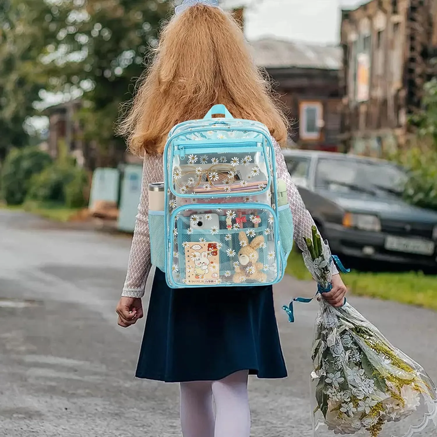 Daisy Clear Backpack for Girls Women, Heavy Duty Transparent School Backpack See Through Bookbag (Blue)