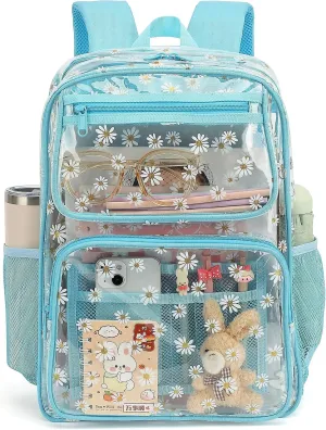 Daisy Clear Backpack for Girls Women, Heavy Duty Transparent School Backpack See Through Bookbag (Blue)