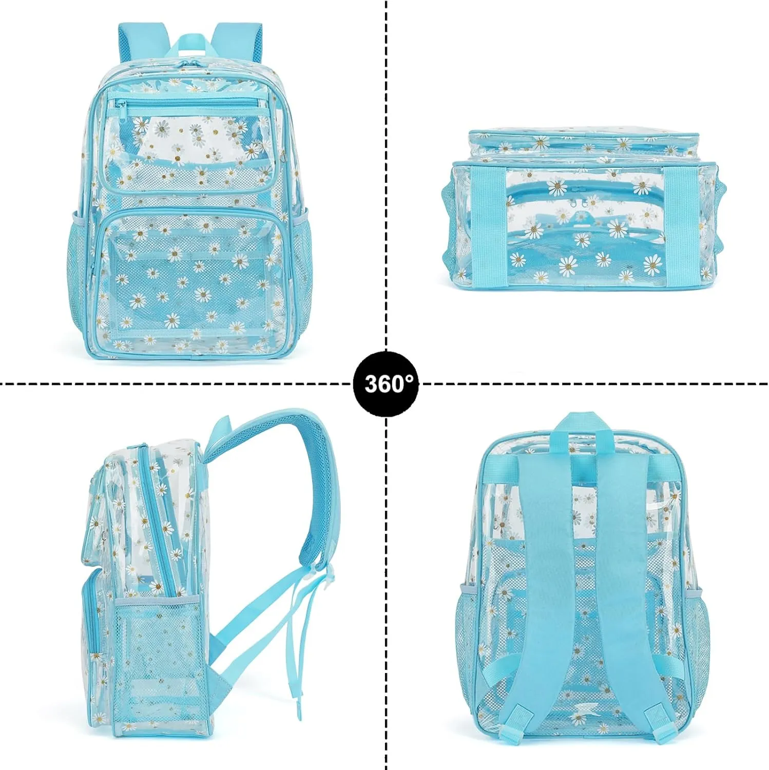 Daisy Clear Backpack for Girls Women, Heavy Duty Transparent School Backpack See Through Bookbag (Blue)