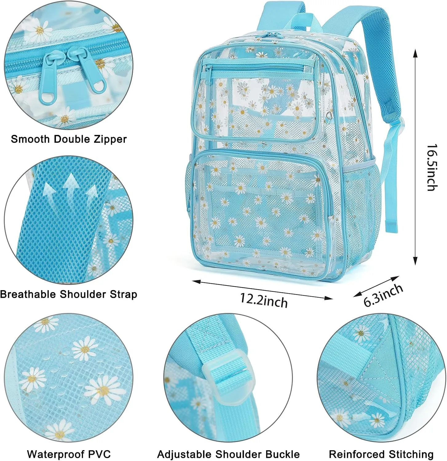 Daisy Clear Backpack for Girls Women, Heavy Duty Transparent School Backpack See Through Bookbag (Blue)