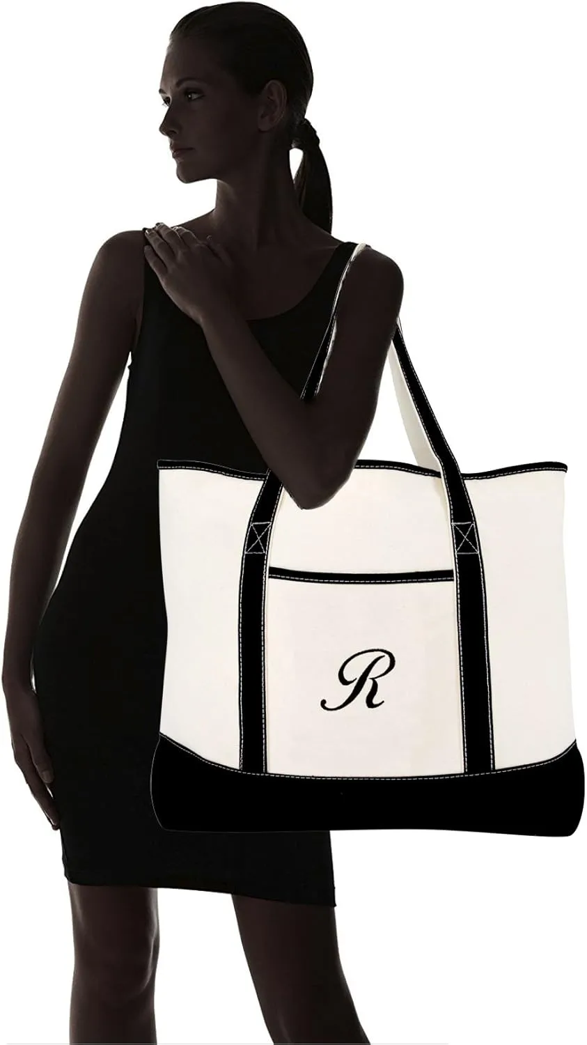 DALIX Monogram Bag Personalized Totes For Women Open Top Black Letter A-Z