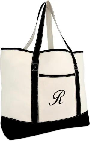 DALIX Monogram Bag Personalized Totes For Women Open Top Black Letter A-Z