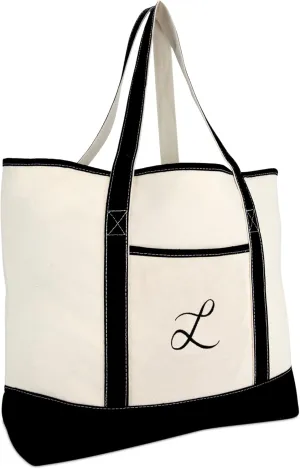 DALIX Monogram Bag Personalized Totes For Women Open Top Black Letter A-Z