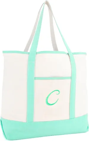 DALIX Monogram Tote Bag For Women Open Top Mint Green Personalized Letter A-Z