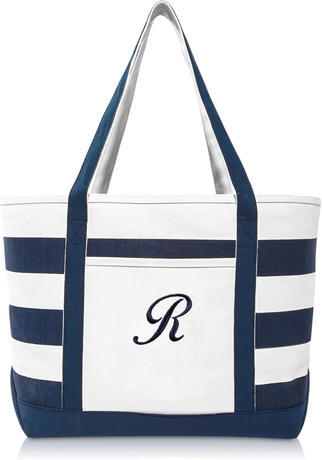DALIX Premium Beach Bags Striped Navy Blue Zippered Tote Bag Monogrammed A - Z