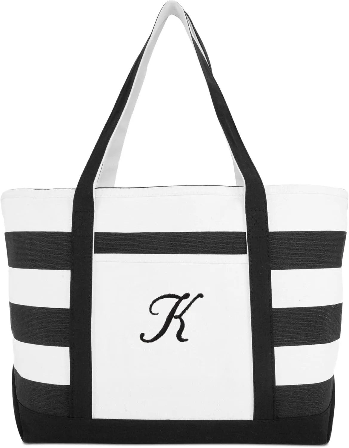 DALIX Striped Beach Bag Tote Bags Canvas Personalized Black Ballent Letter A - Z