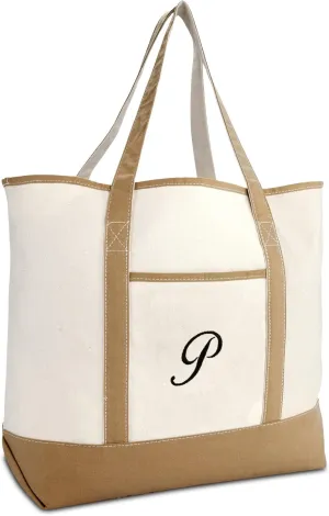 DALIX Women's Natural Tote Bag Shoulder Bags Brown With Monogram Letter A - Z
