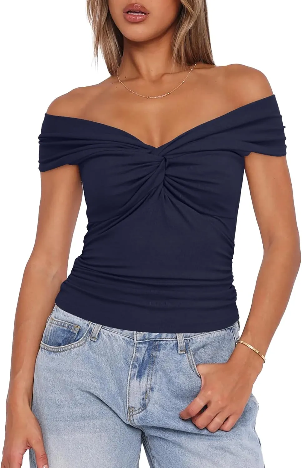 Darong Women Summer Twist Knot Front Off The Shoulder Tank Tops Cap Sleeve Going Out Shirts Slim Fitted Y2K Outfits