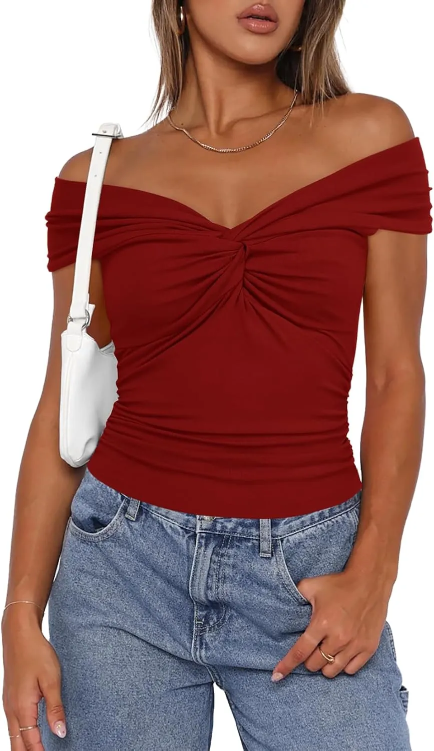 Darong Women Summer Twist Knot Front Off The Shoulder Tank Tops Cap Sleeve Going Out Shirts Slim Fitted Y2K Outfits