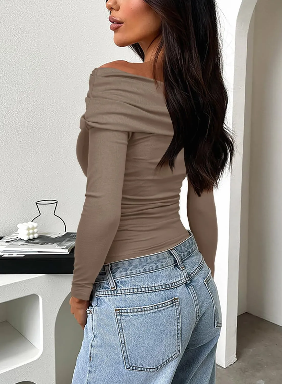 Darong Women's One Off Shoulder Long Sleeve Tops Ruched Going Out Crop Shirts Slim Fit Y2K Tee Blouse